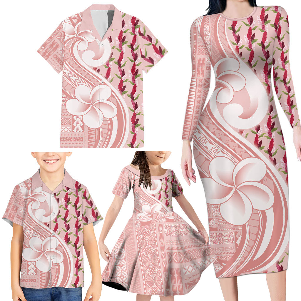 Samoa Teuila Family Matching Long Sleeve Bodycon Dress and Hawaiian Shirt Pink Samoan Siapo Motifs