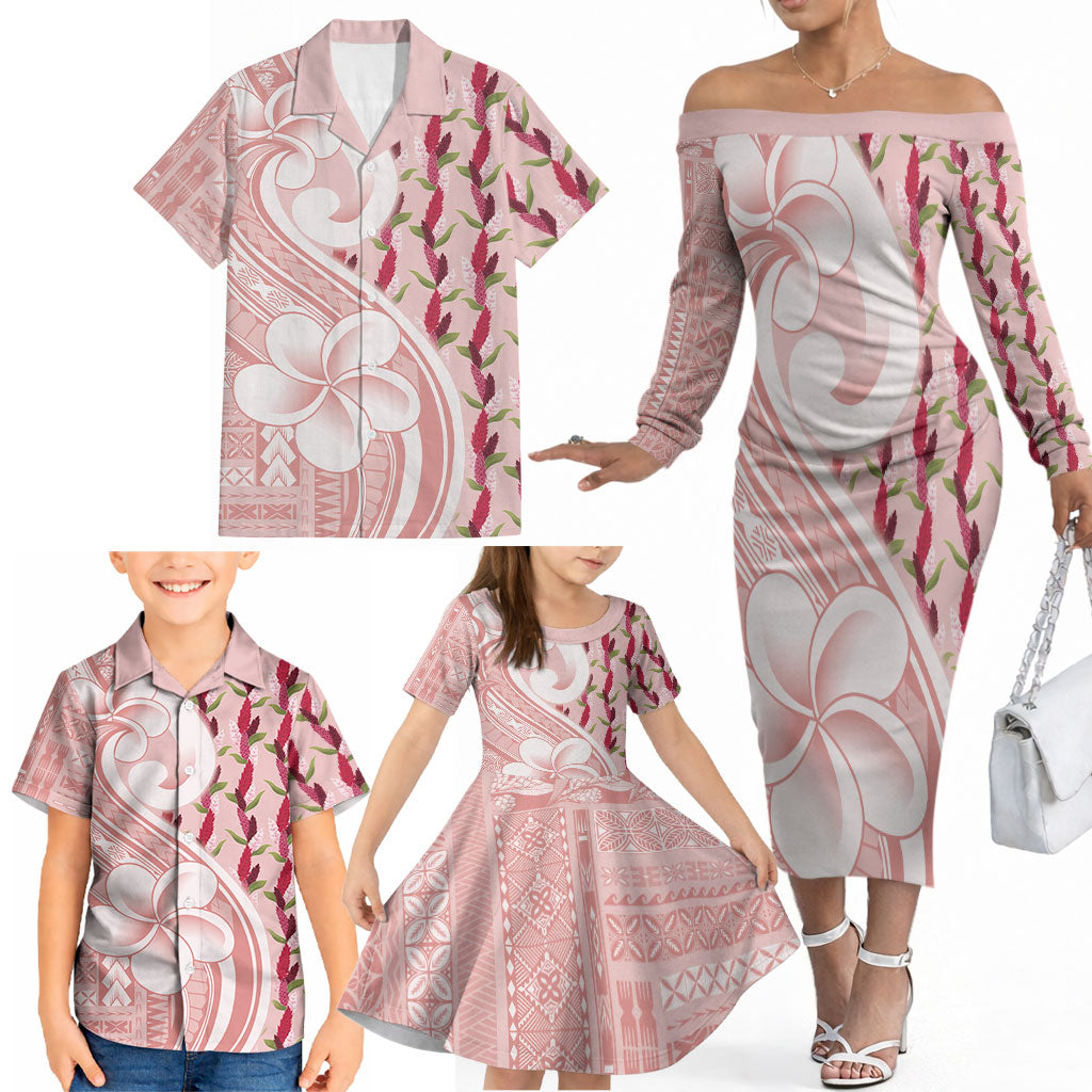 Samoa Teuila Family Matching Off The Shoulder Long Sleeve Dress and Hawaiian Shirt Pink Samoan Siapo Motifs LT05 - Polynesian Pride
