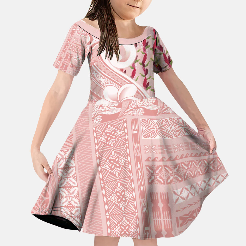 Samoa Teuila Family Matching Off Shoulder Short Dress and Hawaiian Shirt Pink Samoan Siapo Motifs