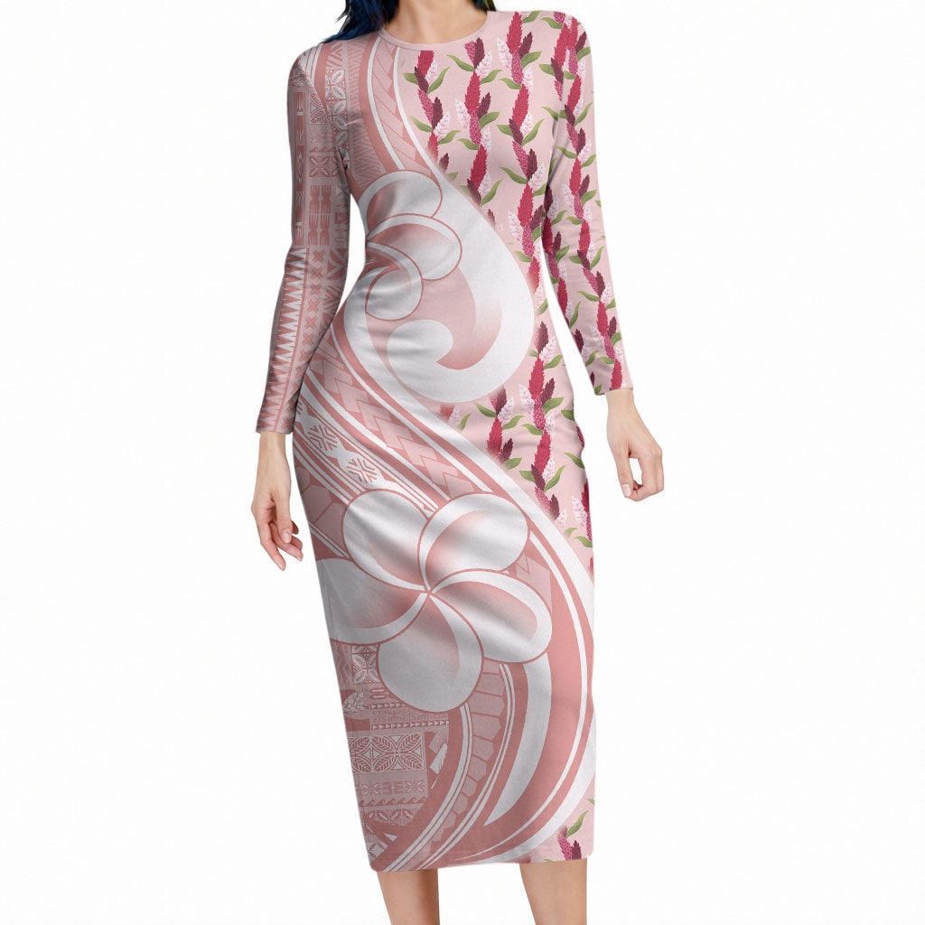 Samoa Teuila Long Sleeve Bodycon Dress Pink Samoan Siapo Motifs LT05 Long Dress Pink - Polynesian Pride