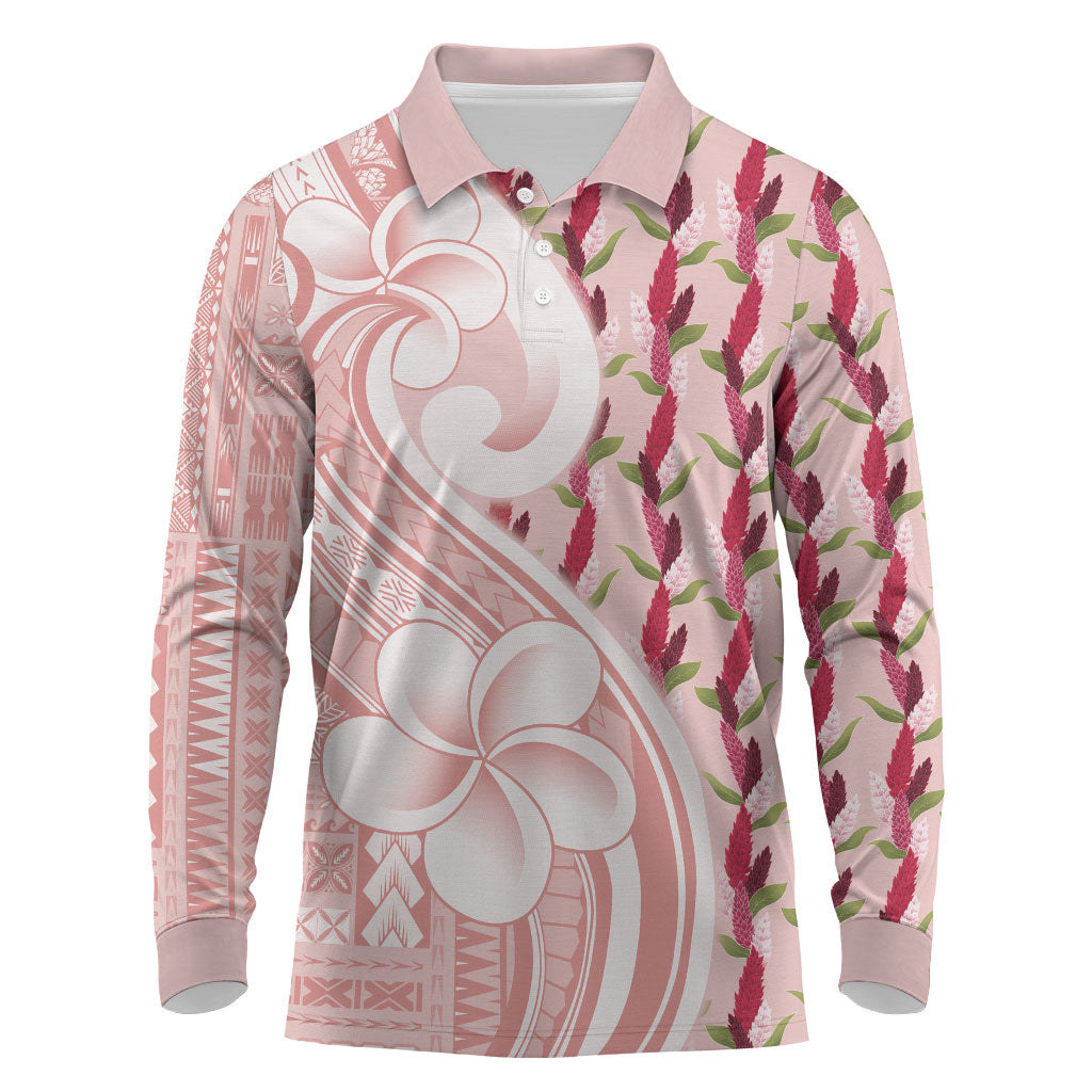 Samoa Teuila Long Sleeve Polo Shirt Pink Samoan Siapo Motifs LT05 Pink - Polynesian Pride