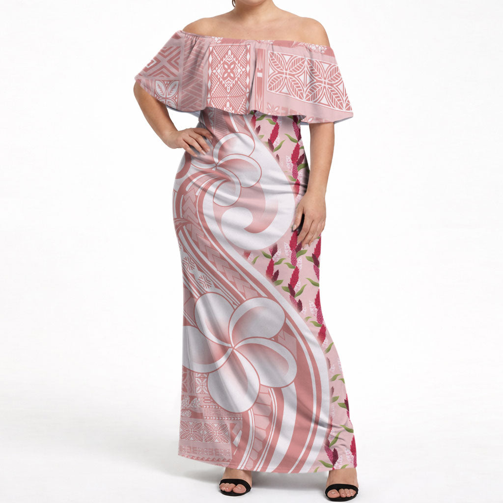 Samoa Teuila Off Shoulder Maxi Dress Pink Samoan Siapo Motifs LT05 Women Pink - Polynesian Pride