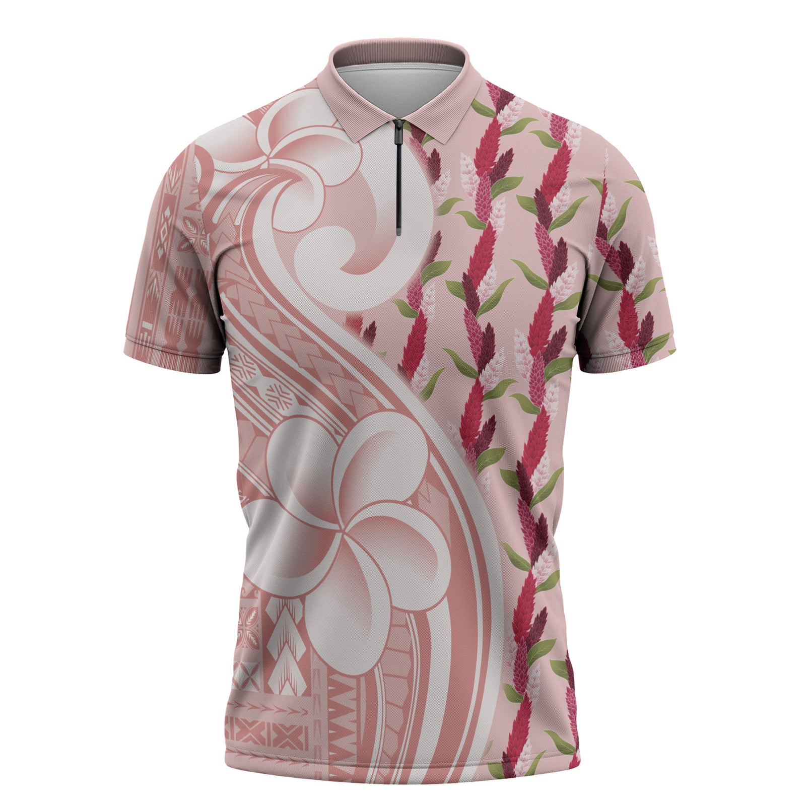 Samoa Teuila Zipper Polo Shirt Pink Samoan Siapo Motifs LT05 Pink - Polynesian Pride
