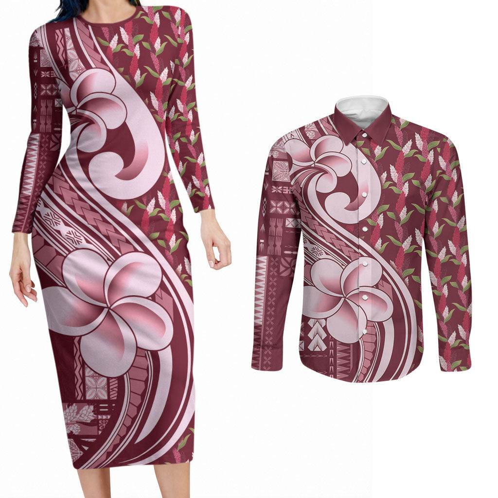 Samoa Teuila Couples Matching Long Sleeve Bodycon Dress and Long Sleeve Button Shirt Maroon Samoan Siapo Motifs LT05 Maroon - Polynesian Pride