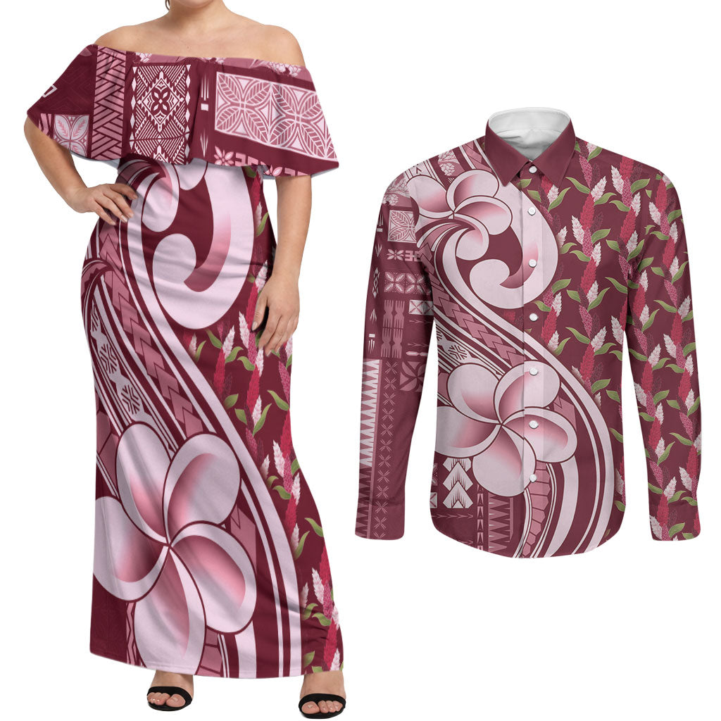 Samoa Teuila Couples Matching Off Shoulder Maxi Dress and Long Sleeve Button Shirt Maroon Samoan Siapo Motifs LT05 Maroon - Polynesian Pride