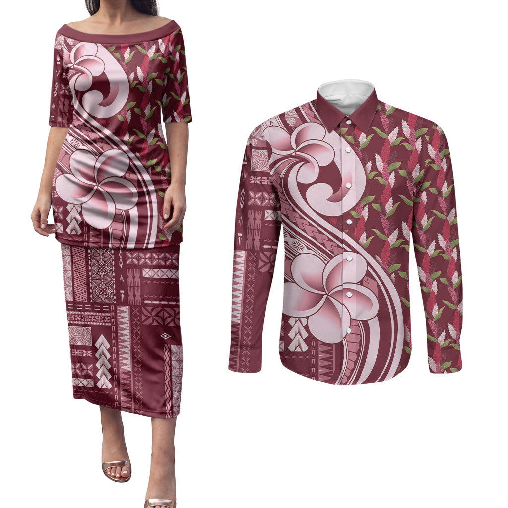 Samoa Teuila Couples Matching Puletasi and Long Sleeve Button Shirt Maroon Samoan Siapo Motifs LT05 Maroon - Polynesian Pride