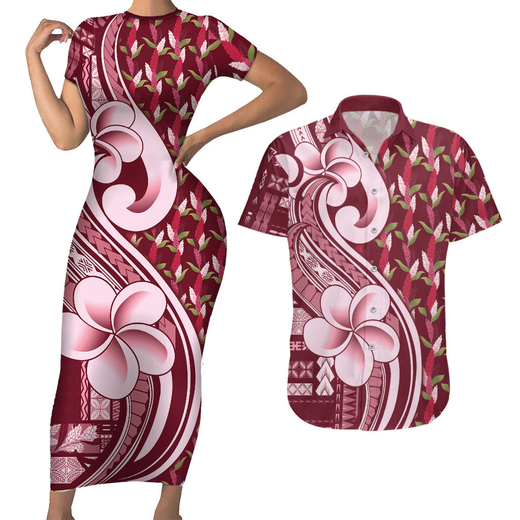 Samoa Teuila Couples Matching Short Sleeve Bodycon Dress and Hawaiian Shirt Maroon Samoan Siapo Motifs
