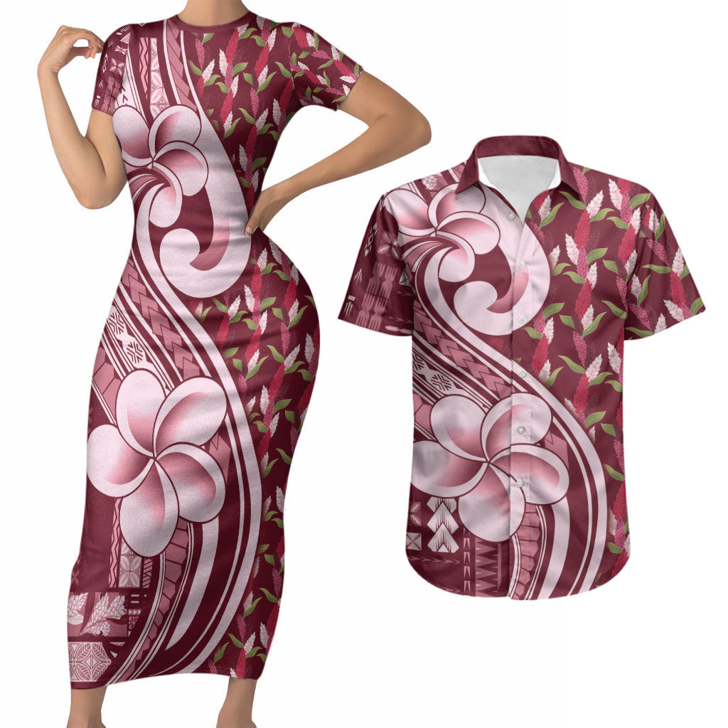 Samoa Teuila Couples Matching Short Sleeve Bodycon Dress and Hawaiian Shirt Maroon Samoan Siapo Motifs LT05 Maroon - Polynesian Pride