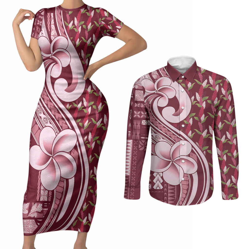 Samoa Teuila Couples Matching Short Sleeve Bodycon Dress and Long Sleeve Button Shirt Maroon Samoan Siapo Motifs LT05 Maroon - Polynesian Pride