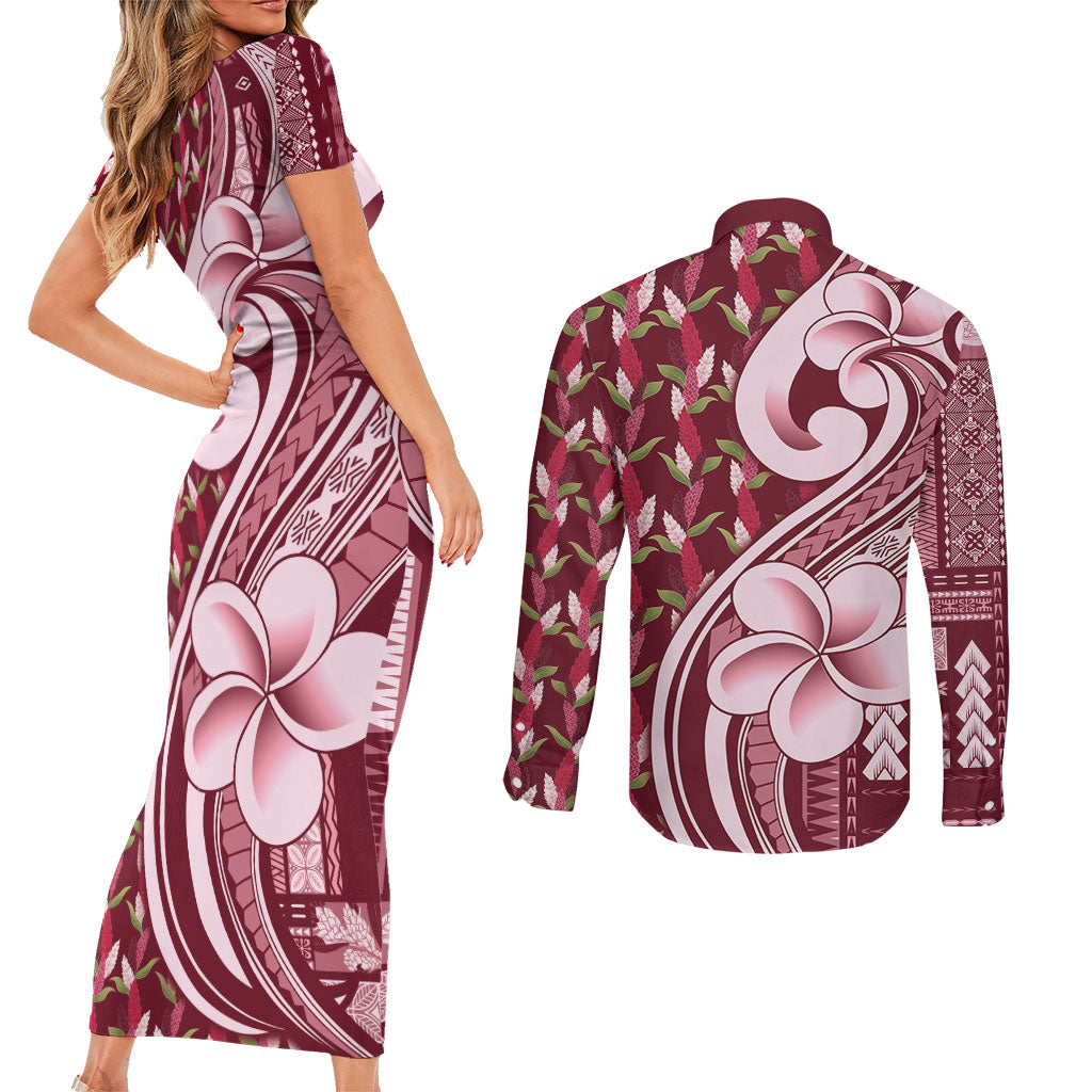 Samoa Teuila Couples Matching Short Sleeve Bodycon Dress and Long Sleeve Button Shirt Maroon Samoan Siapo Motifs