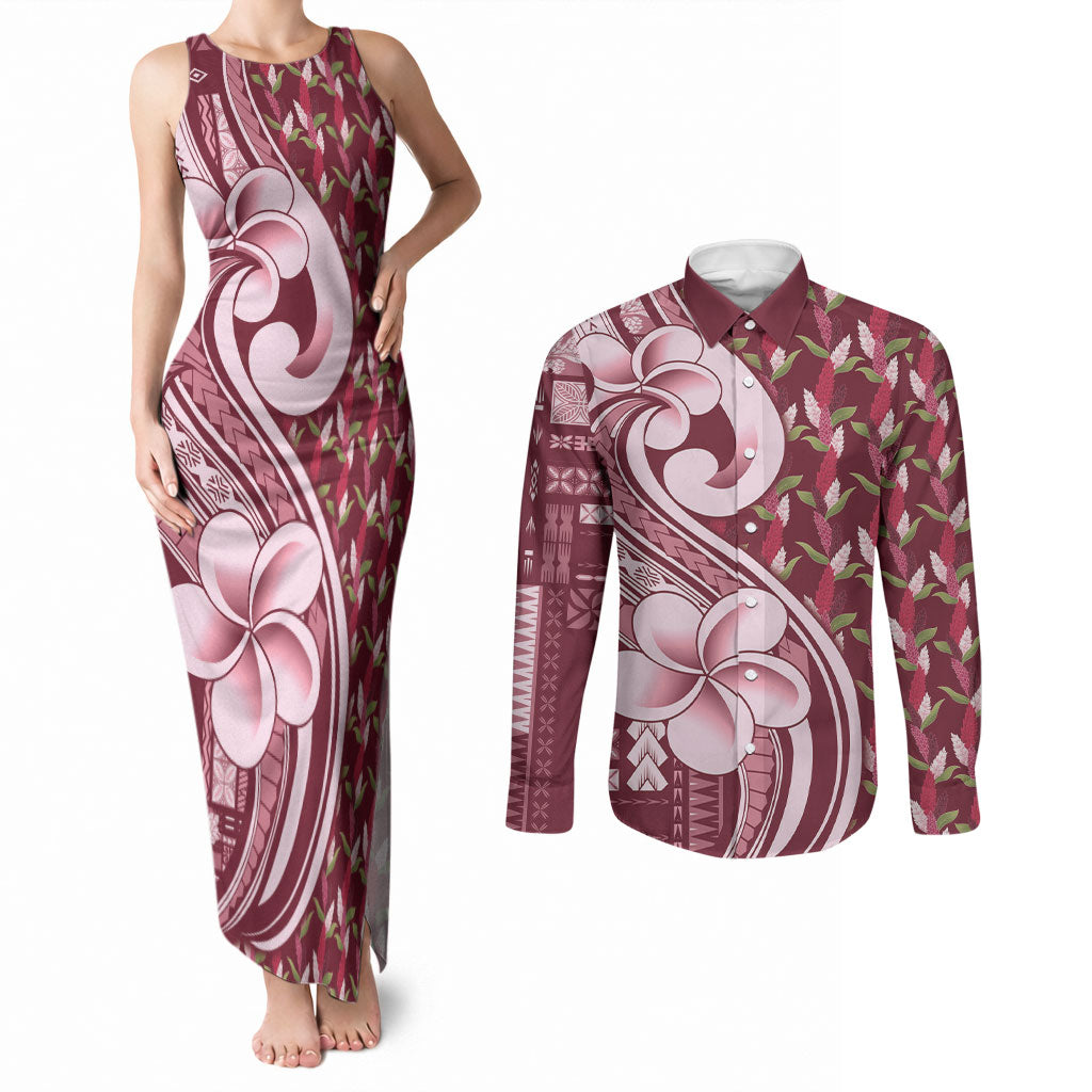 Samoa Teuila Couples Matching Tank Maxi Dress and Long Sleeve Button Shirt Maroon Samoan Siapo Motifs LT05 Maroon - Polynesian Pride