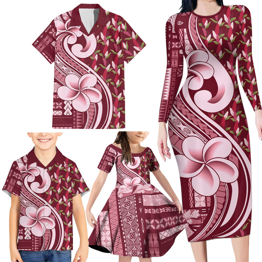 Samoa Teuila Family Matching Long Sleeve Bodycon Dress and Hawaiian Shirt Maroon Samoan Siapo Motifs