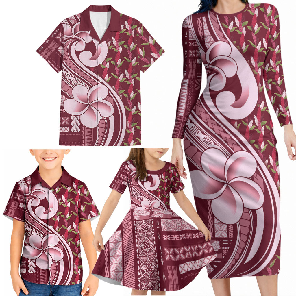 Samoa Teuila Family Matching Long Sleeve Bodycon Dress and Hawaiian Shirt Maroon Samoan Siapo Motifs LT05 - Polynesian Pride