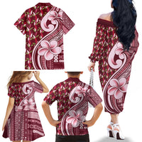 Samoa Teuila Family Matching Off The Shoulder Long Sleeve Dress and Hawaiian Shirt Maroon Samoan Siapo Motifs