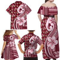 Samoa Teuila Family Matching Off Shoulder Maxi Dress and Hawaiian Shirt Maroon Samoan Siapo Motifs