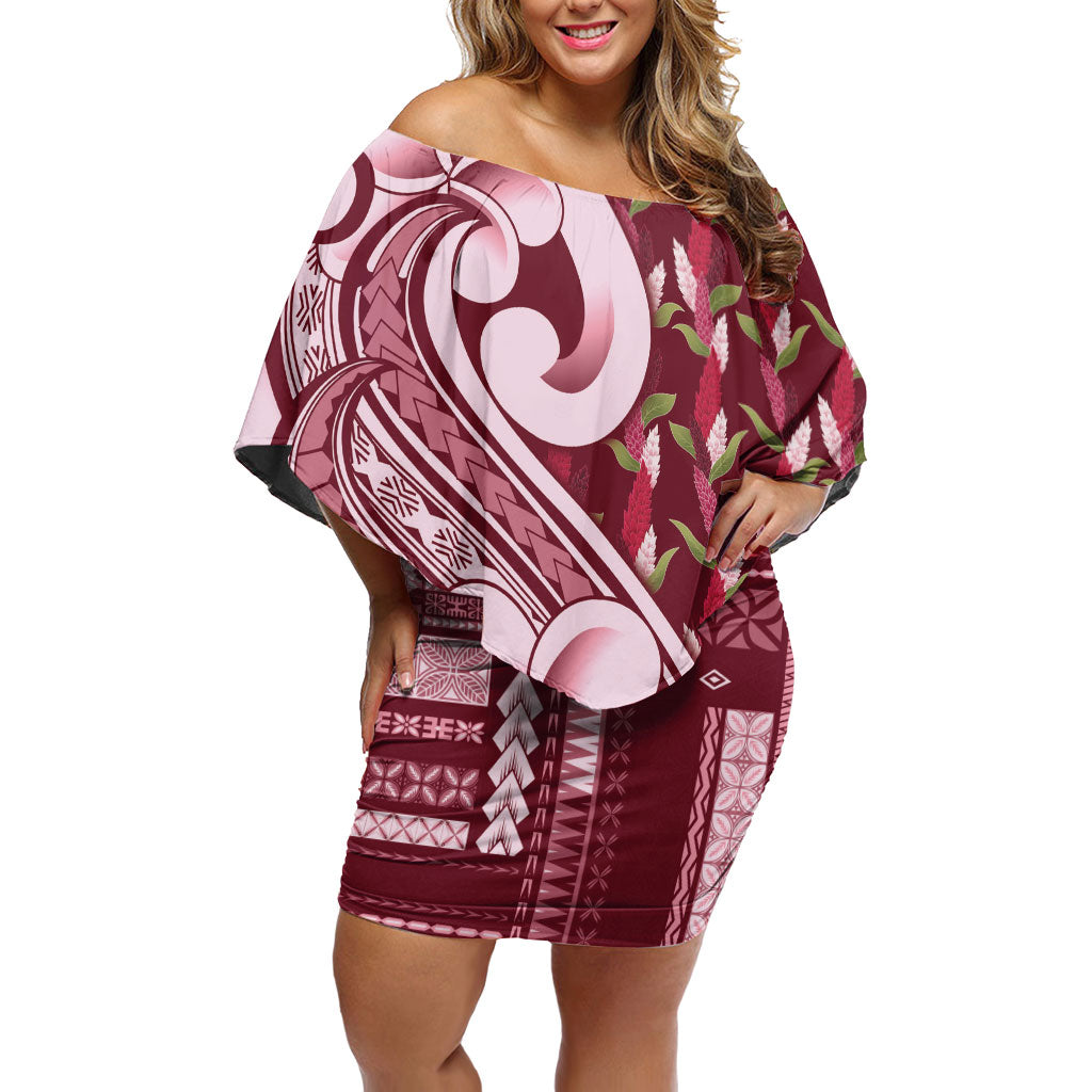 Samoa Teuila Family Matching Off Shoulder Short Dress and Hawaiian Shirt Maroon Samoan Siapo Motifs
