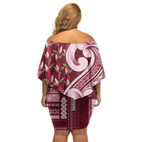 Samoa Teuila Family Matching Off Shoulder Short Dress and Hawaiian Shirt Maroon Samoan Siapo Motifs