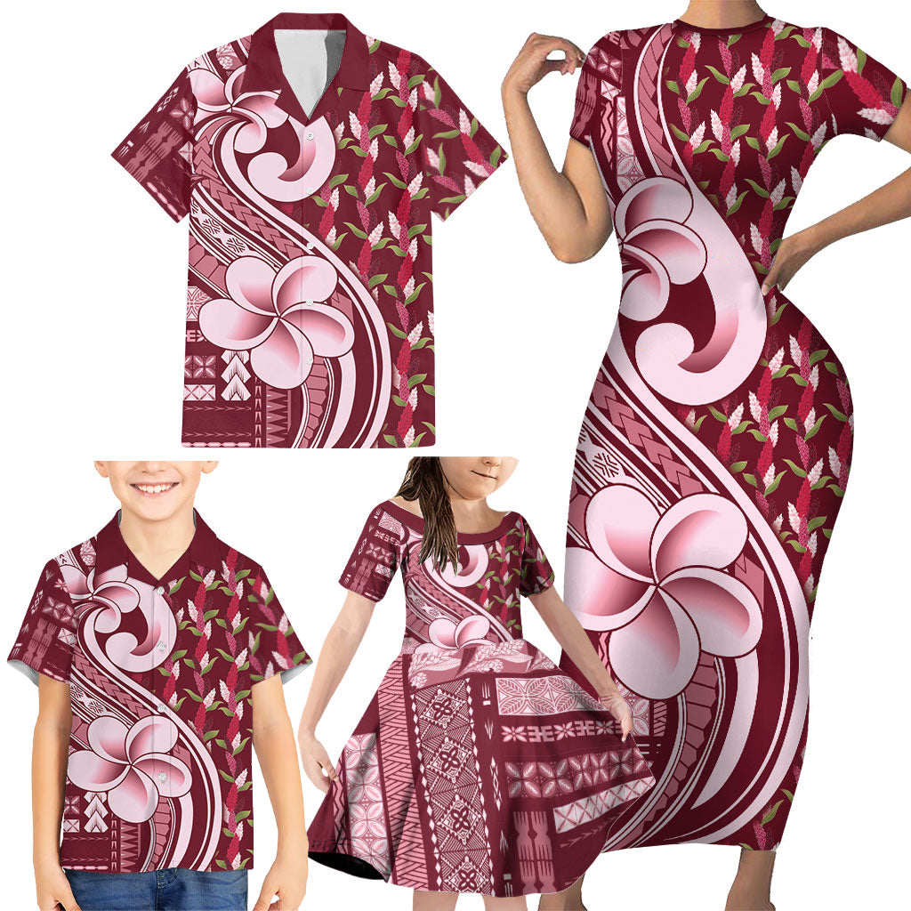 Samoa Teuila Family Matching Short Sleeve Bodycon Dress and Hawaiian Shirt Maroon Samoan Siapo Motifs