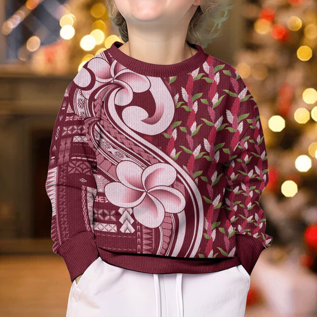 Samoa Teuila Kid Ugly Christmas Sweater Maroon Samoan Siapo Motifs