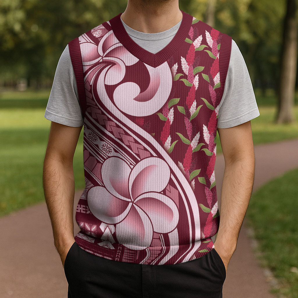 Samoa Teuila Christmas Knitted V-Neck Vest Maroon Samoan Siapo Motifs LT05 - Polynesian Pride