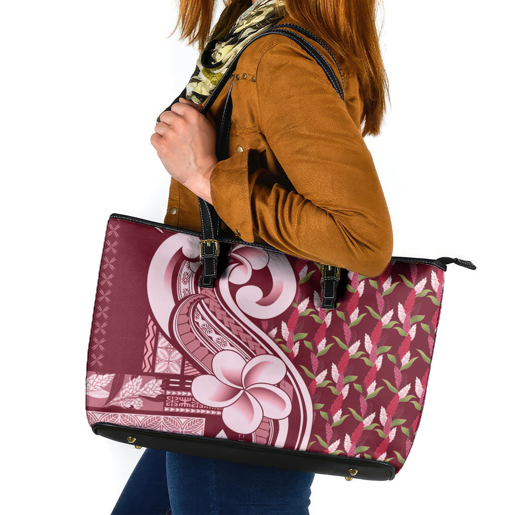 Samoa Teuila Leather Tote Bag Maroon Samoan Siapo Motifs LT05 Maroon - Polynesian Pride