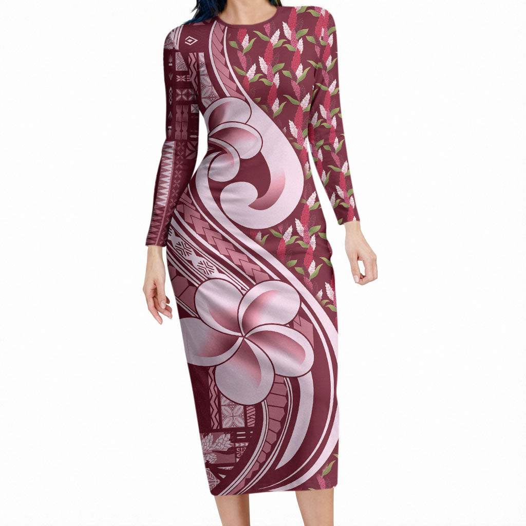 Samoa Teuila Long Sleeve Bodycon Dress Maroon Samoan Siapo Motifs LT05 Long Dress Maroon - Polynesian Pride