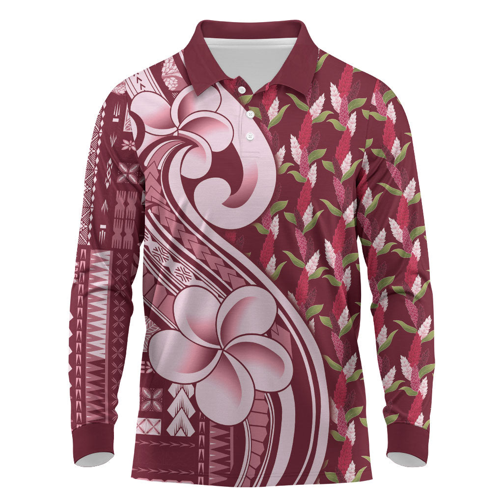 Samoa Teuila Long Sleeve Polo Shirt Maroon Samoan Siapo Motifs LT05 Maroon - Polynesian Pride