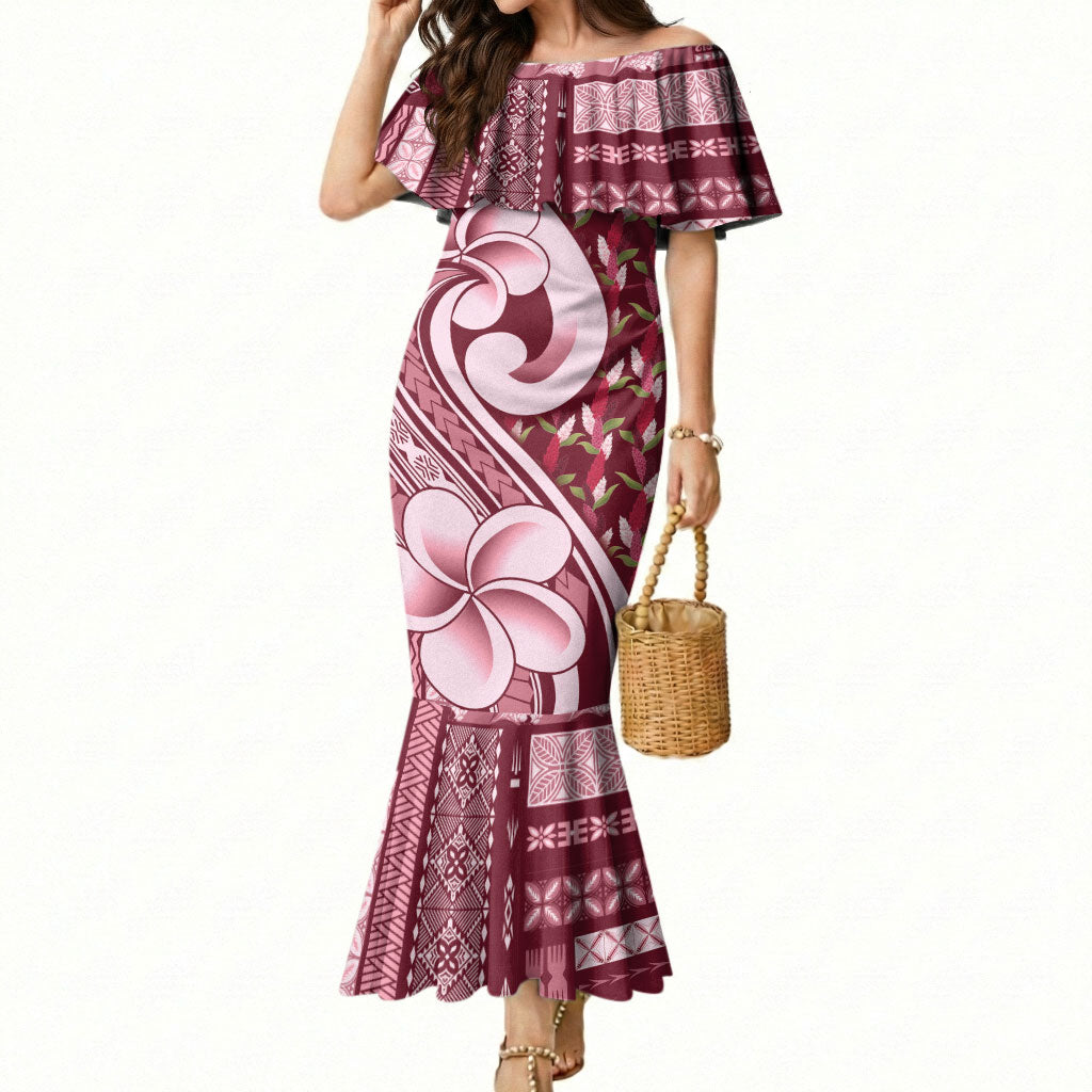 Samoa Teuila Mermaid Dress Maroon Samoan Siapo Motifs LT05 Women Maroon - Polynesian Pride