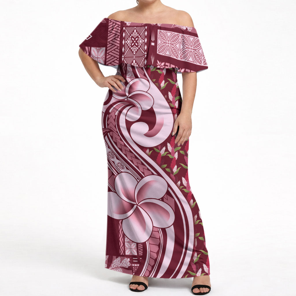 Samoa Teuila Off Shoulder Maxi Dress Maroon Samoan Siapo Motifs LT05 Women Maroon - Polynesian Pride