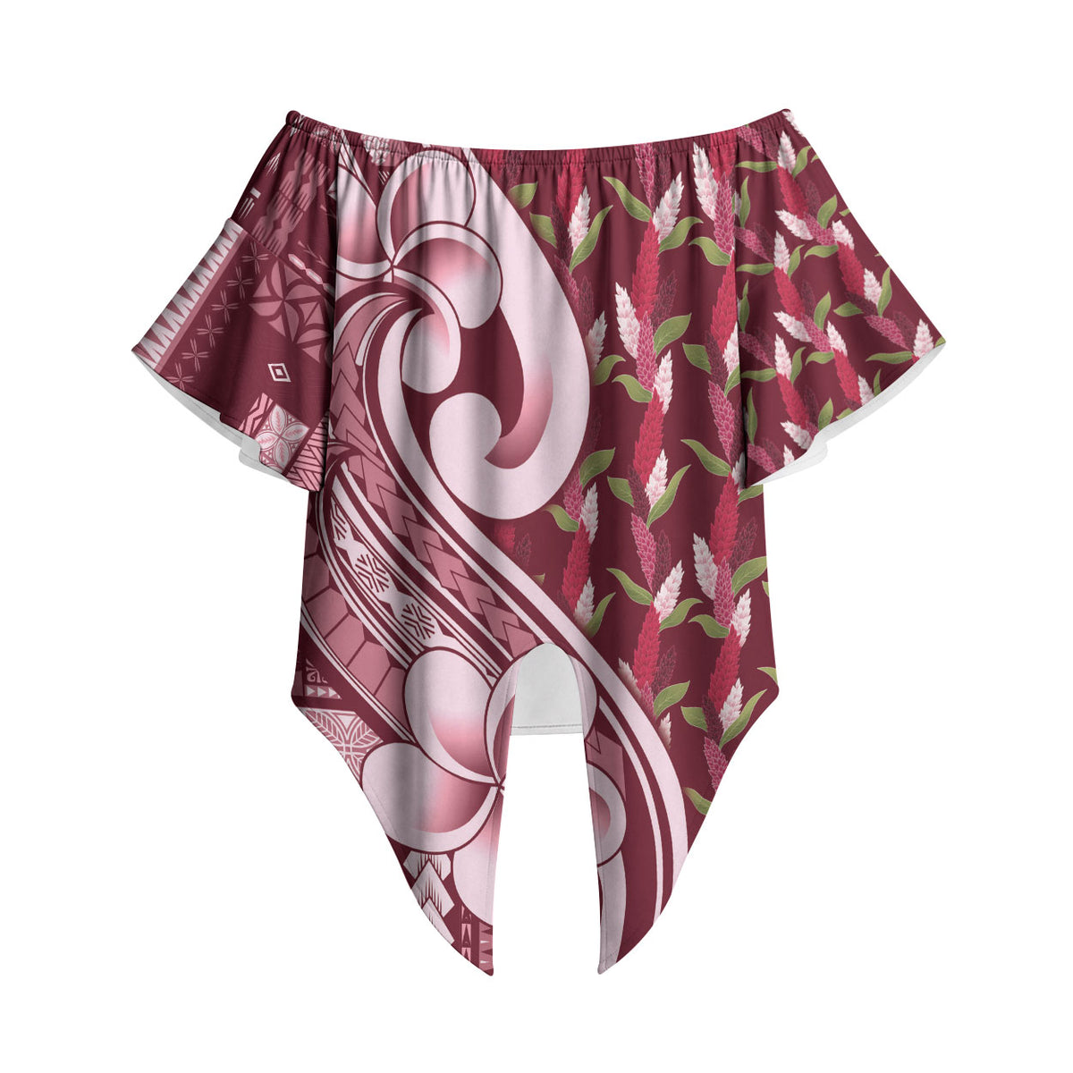Samoa Teuila Off Shoulder Wrap Waist Top Maroon Samoan Siapo Motifs LT05 Maroon - Polynesian Pride