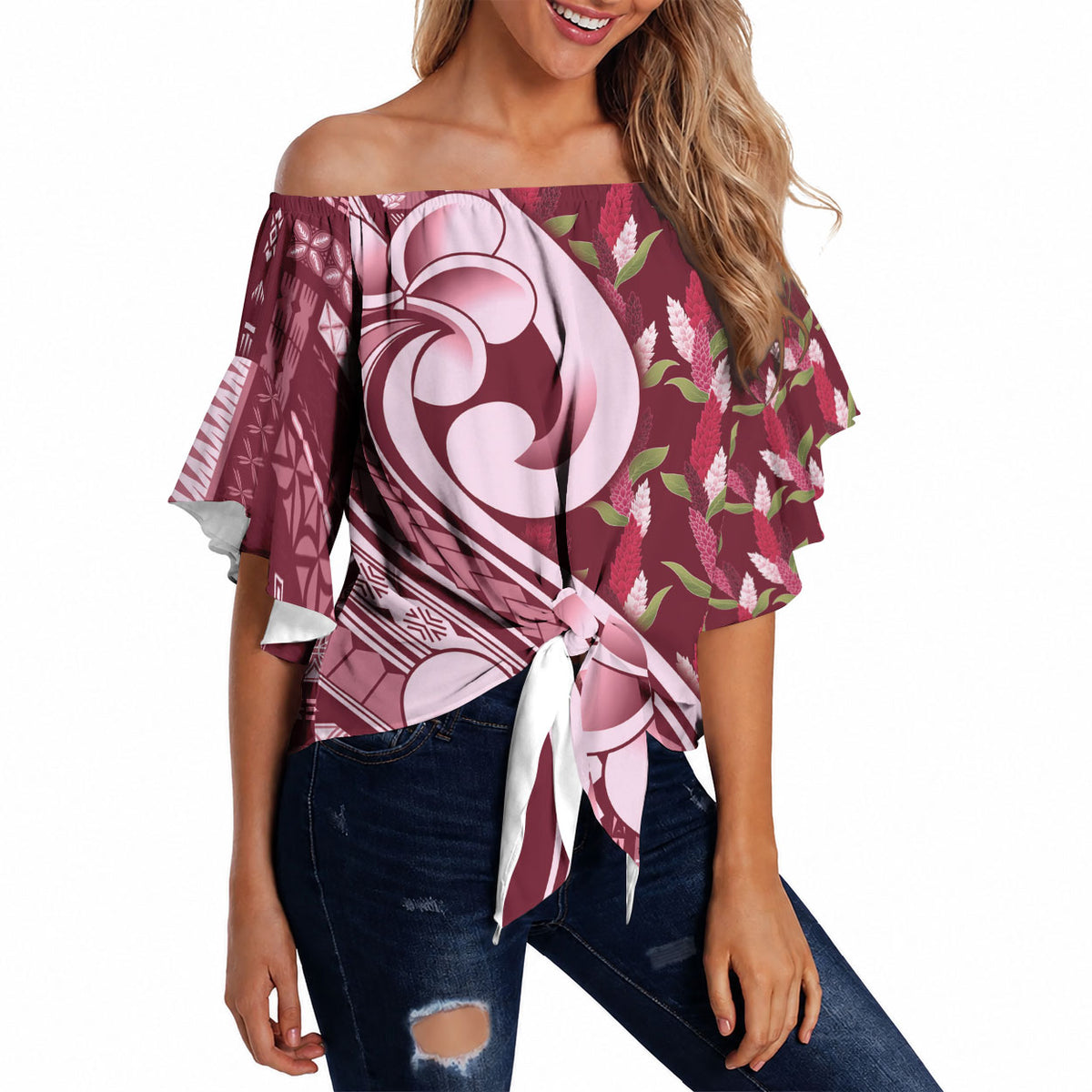 Samoa Teuila Off Shoulder Wrap Waist Top Maroon Samoan Siapo Motifs LT05 - Polynesian Pride