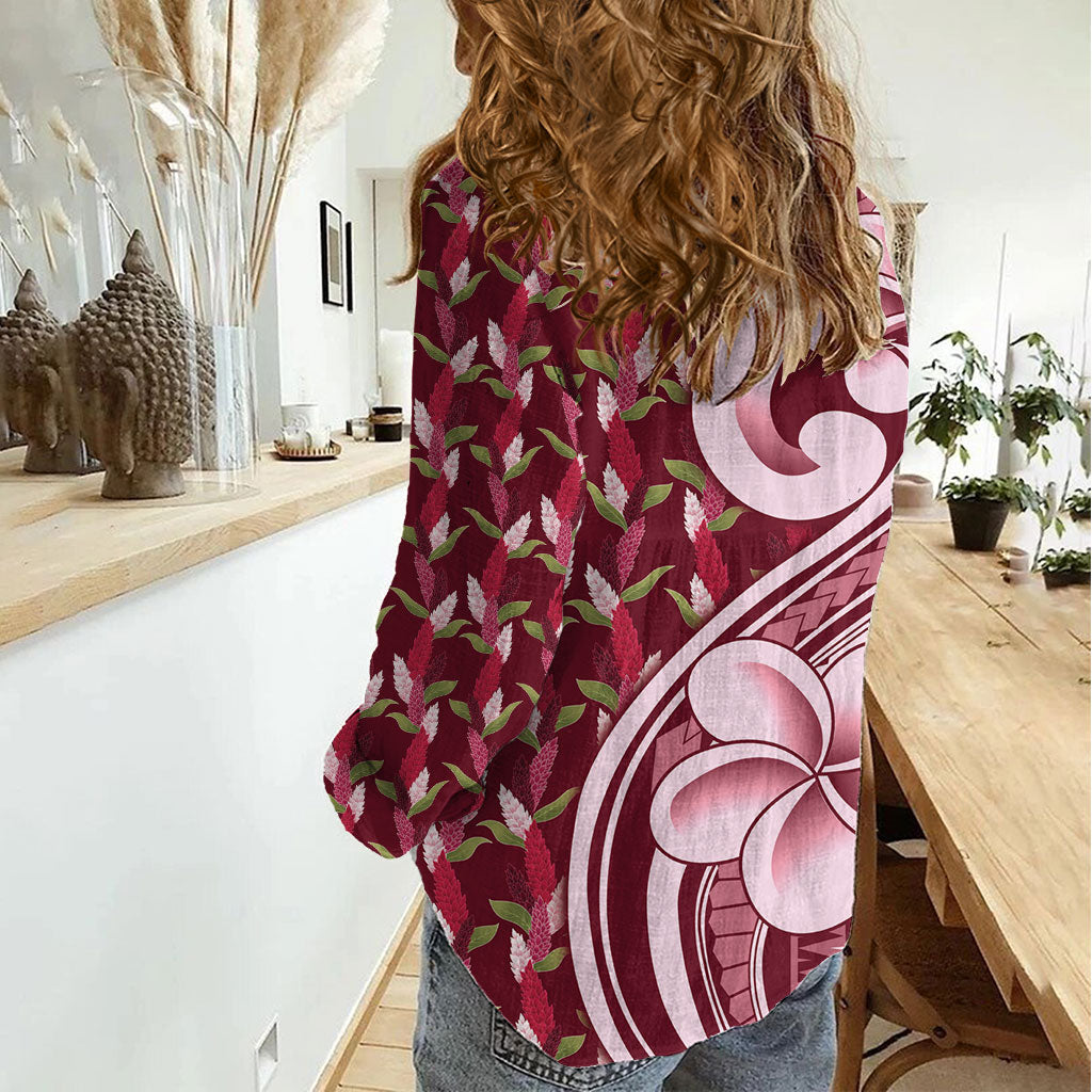 Samoa Teuila Women Casual Shirt Maroon Samoan Siapo Motifs