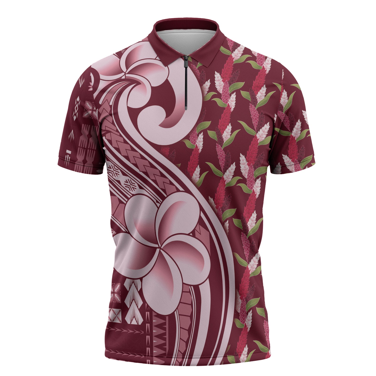 Samoa Teuila Zipper Polo Shirt Maroon Samoan Siapo Motifs LT05 Maroon - Polynesian Pride