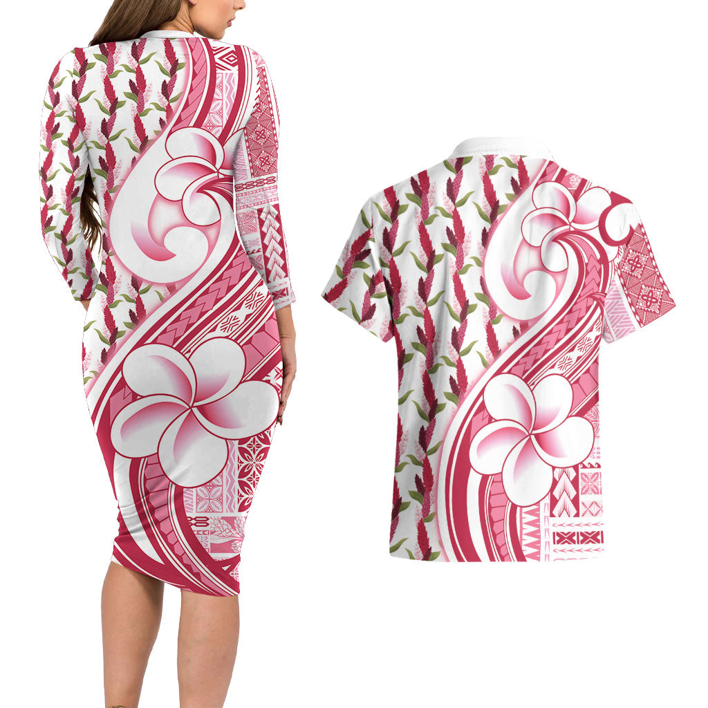 Samoa Teuila Couples Matching Long Sleeve Bodycon Dress and Hawaiian Shirt White Samoan Siapo Motifs