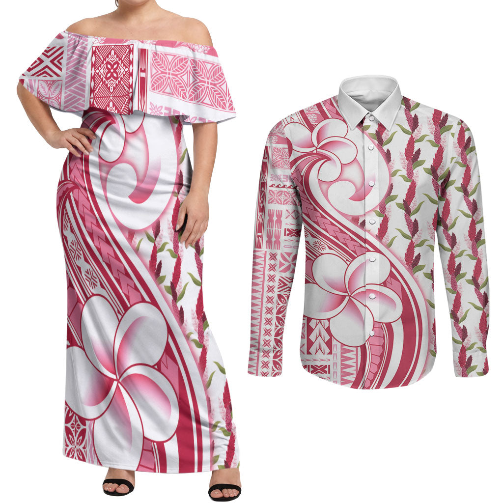 Samoa Teuila Couples Matching Off Shoulder Maxi Dress and Long Sleeve Button Shirt White Samoan Siapo Motifs LT05 White - Polynesian Pride
