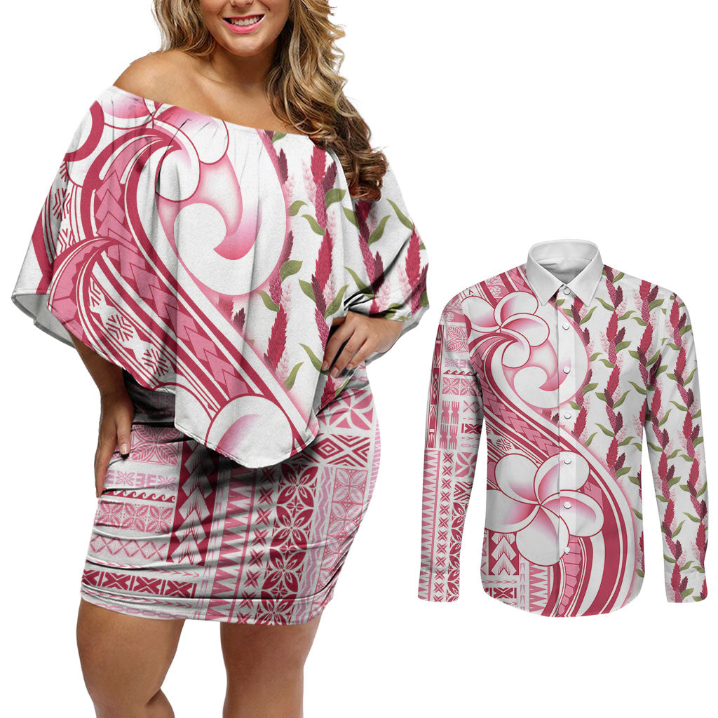 Samoa Teuila Couples Matching Off Shoulder Short Dress and Long Sleeve Button Shirt White Samoan Siapo Motifs LT05 White - Polynesian Pride