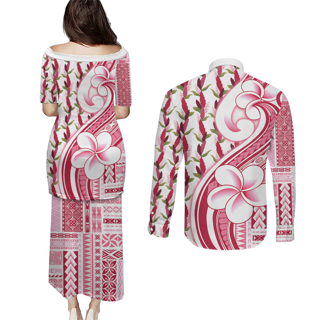 Samoa Teuila Couples Matching Puletasi and Long Sleeve Button Shirt White Samoan Siapo Motifs