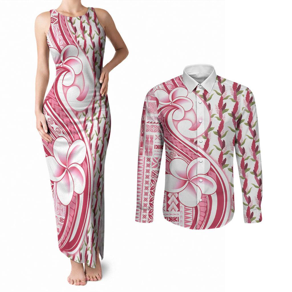 Samoa Teuila Couples Matching Tank Maxi Dress and Long Sleeve Button Shirt White Samoan Siapo Motifs LT05 White - Polynesian Pride