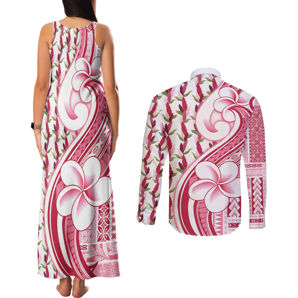 Samoa Teuila Couples Matching Tank Maxi Dress and Long Sleeve Button Shirt White Samoan Siapo Motifs