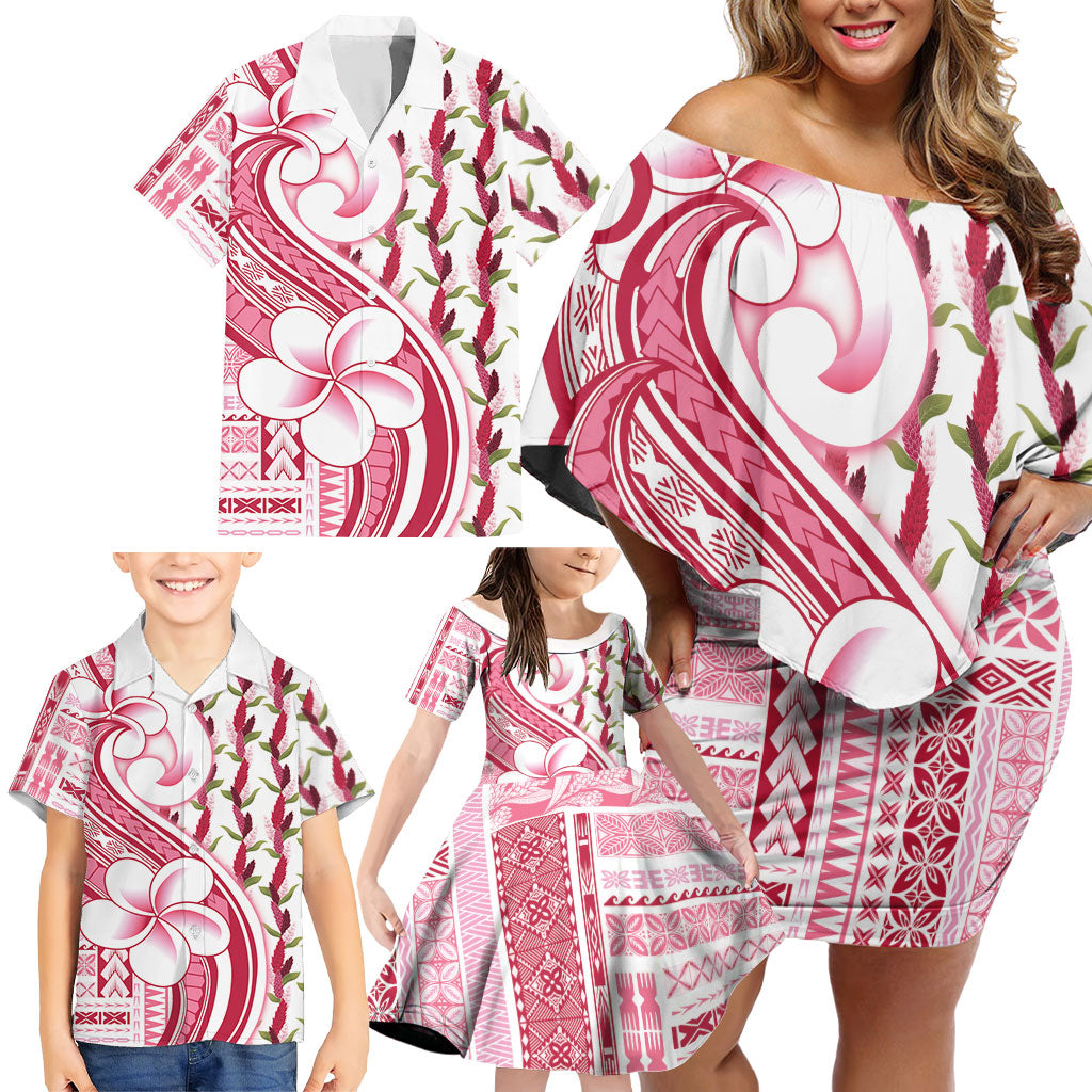 Samoa Teuila Family Matching Off Shoulder Short Dress and Hawaiian Shirt White Samoan Siapo Motifs