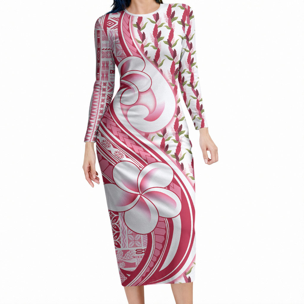 Samoa Teuila Long Sleeve Bodycon Dress White Samoan Siapo Motifs LT05 Long Dress White - Polynesian Pride