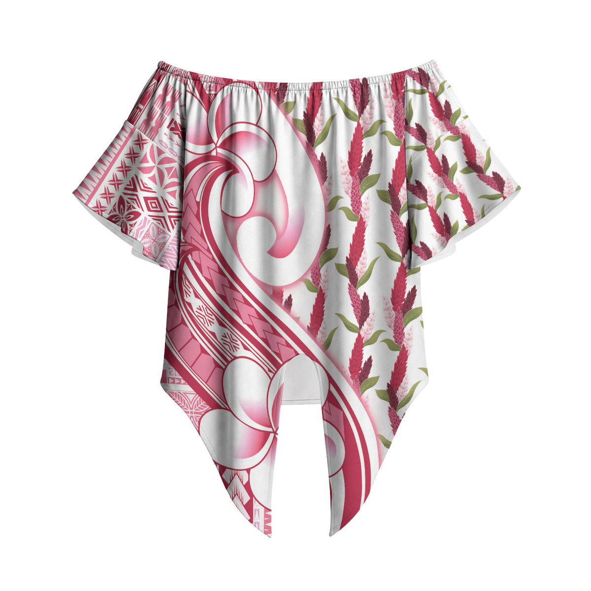Samoa Teuila Off Shoulder Wrap Waist Top White Samoan Siapo Motifs LT05 White - Polynesian Pride