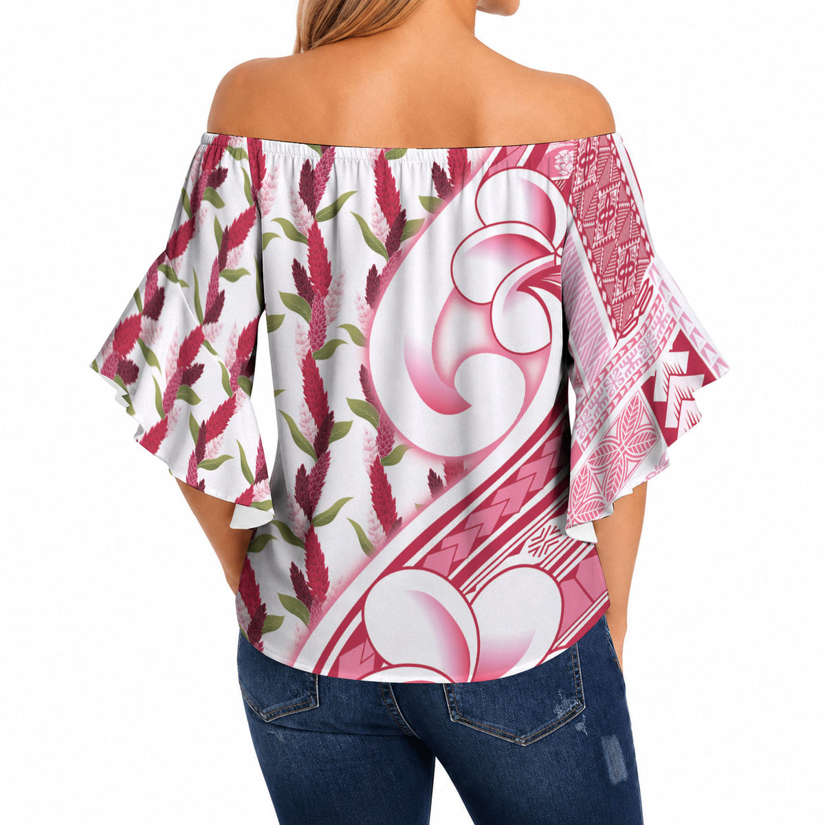 Samoa Teuila Off Shoulder Wrap Waist Top White Samoan Siapo Motifs LT05 - Polynesian Pride