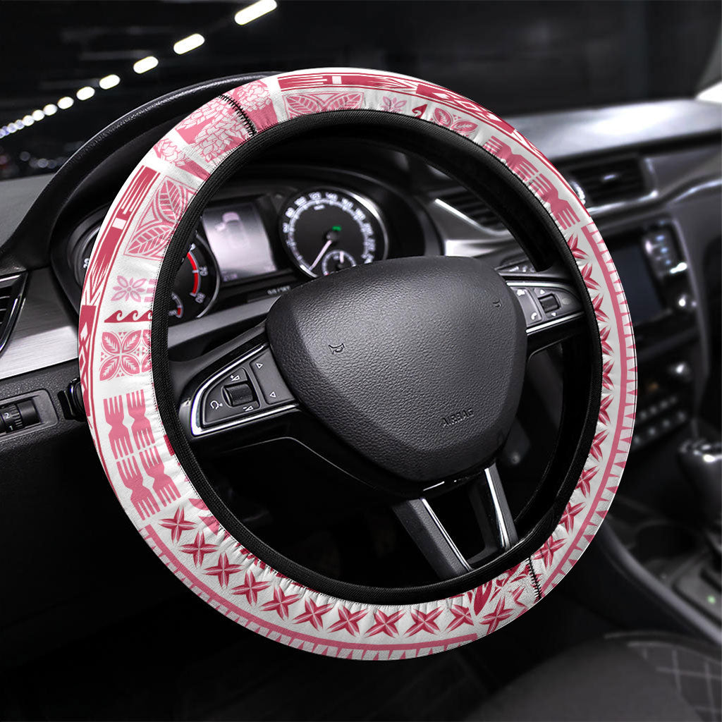 Samoa Teuila Steering Wheel Cover White Samoan Siapo Motifs LT05 Universal Fit White - Polynesian Pride