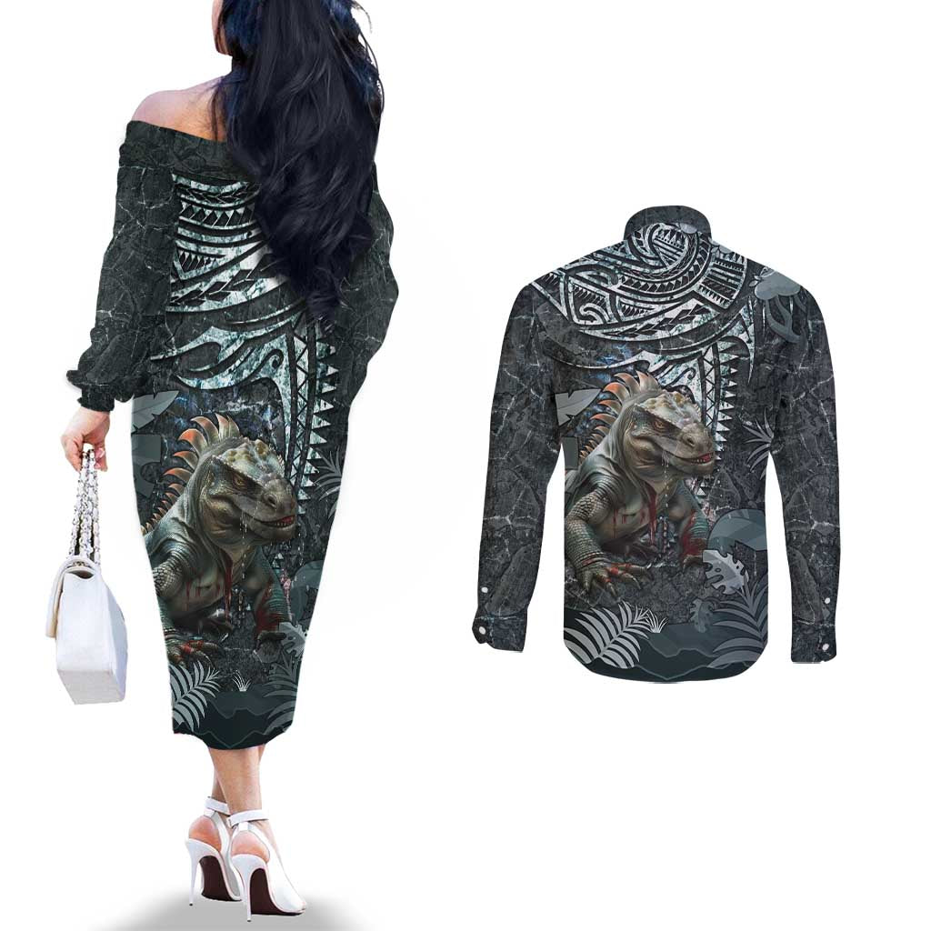 Hawaii Mo'o Lizard God Couples Matching Off The Shoulder Long Sleeve Dress and Long Sleeve Button Shirt Polynesian Style