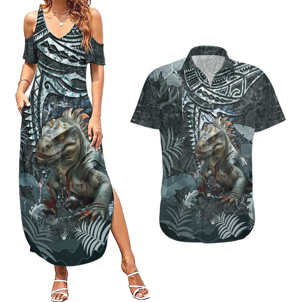 Hawaii Mo'o Lizard God Couples Matching Summer Maxi Dress and Hawaiian Shirt Polynesian Style LT05 Green - Polynesian Pride