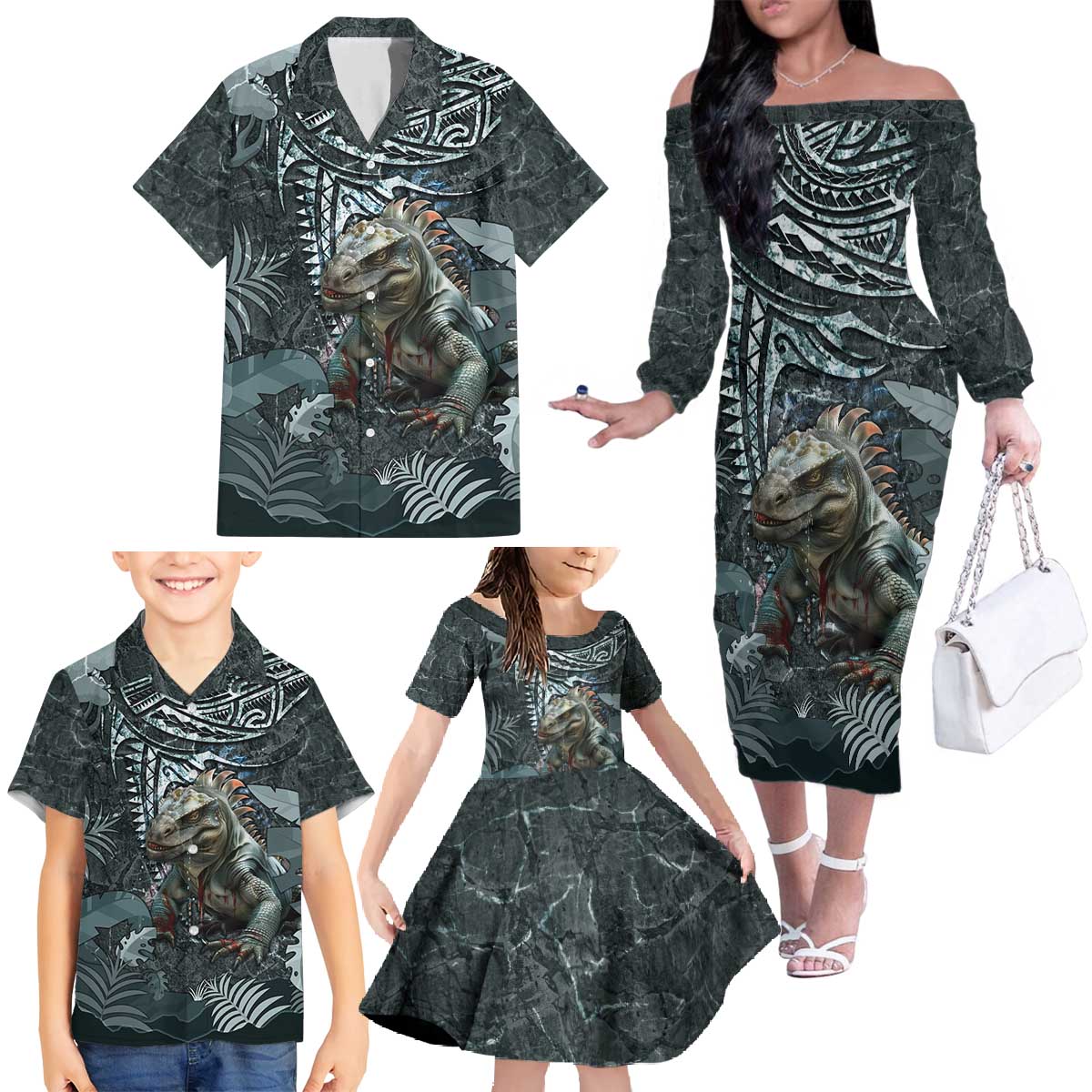 Hawaii Mo'o Lizard God Family Matching Off The Shoulder Long Sleeve Dress and Hawaiian Shirt Polynesian Style LT05 - Polynesian Pride
