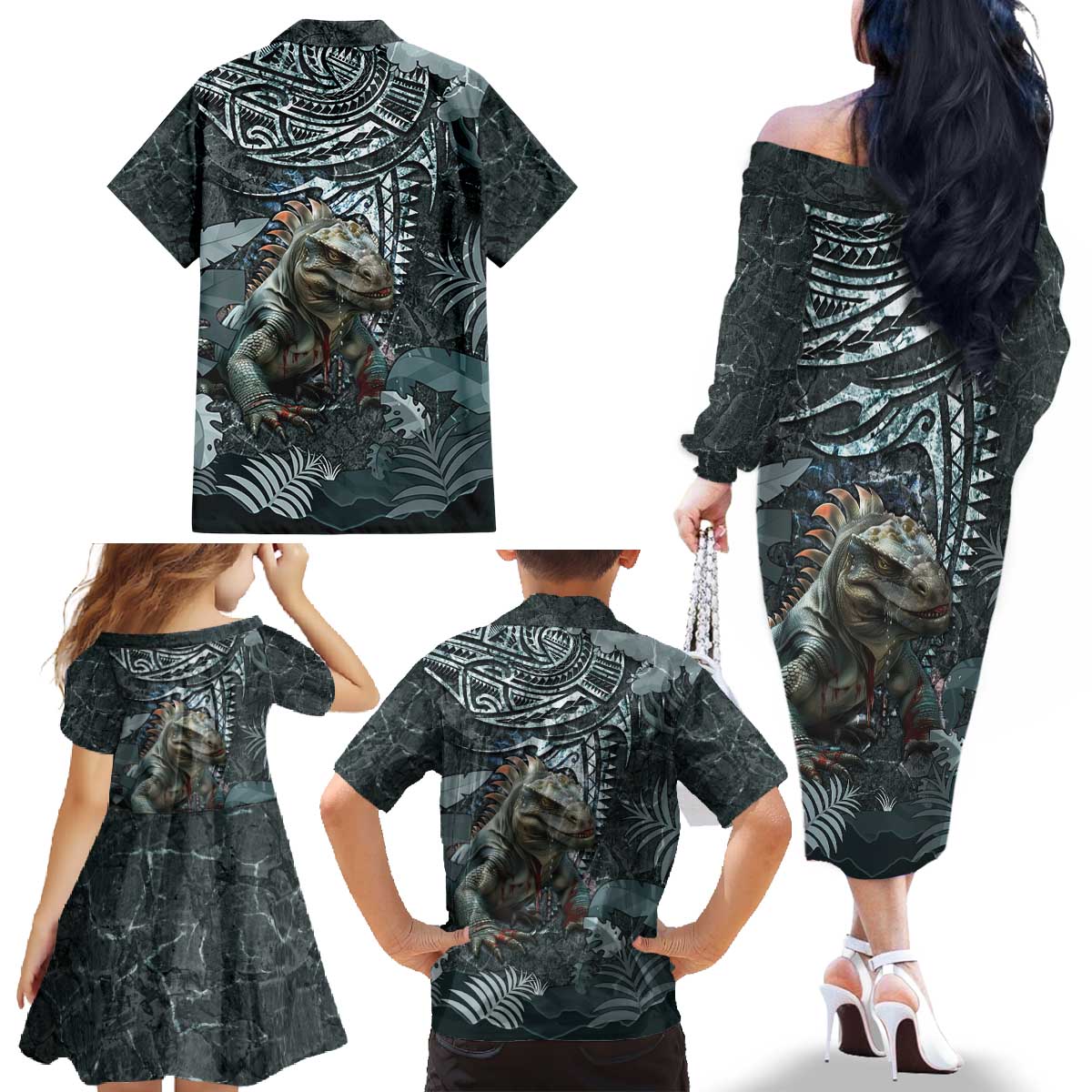 Hawaii Mo'o Lizard God Family Matching Off The Shoulder Long Sleeve Dress and Hawaiian Shirt Polynesian Style LT05 - Polynesian Pride