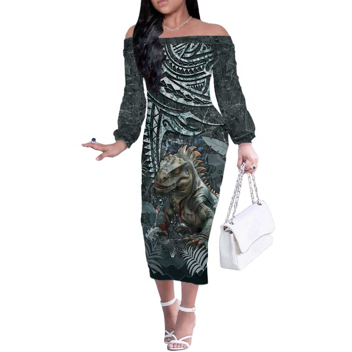 Hawaii Mo'o Lizard God Family Matching Off The Shoulder Long Sleeve Dress and Hawaiian Shirt Polynesian Style LT05 Mom's Dress Green - Polynesian Pride