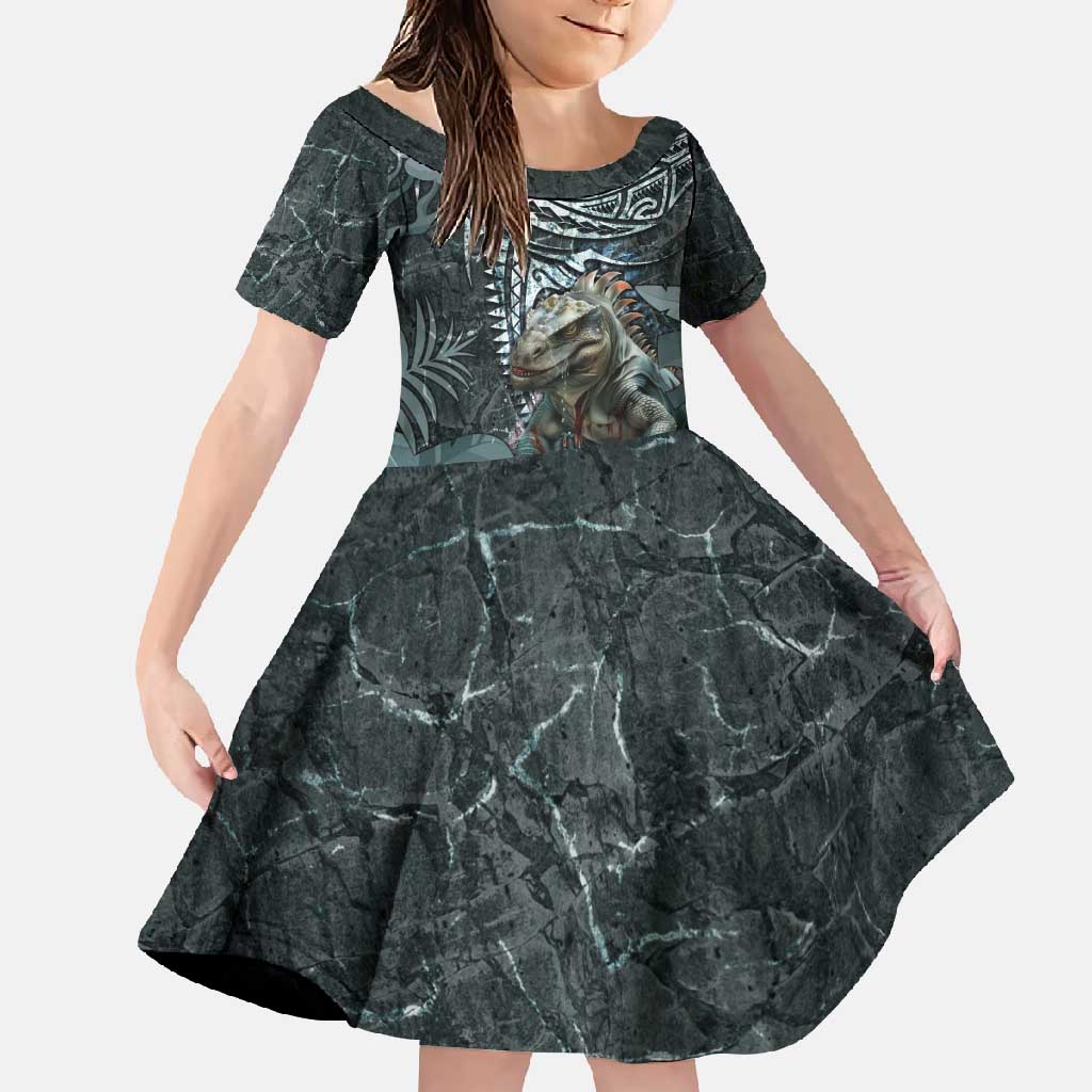 Hawaii Mo'o Lizard God Family Matching Off Shoulder Maxi Dress and Hawaiian Shirt Polynesian Style LT05 Daughter's Dress Green - Polynesian Pride